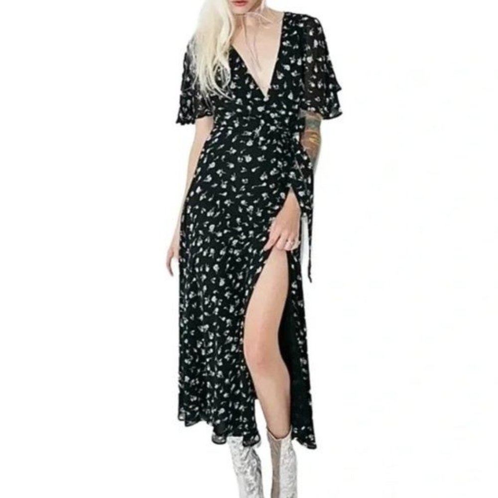 Wildfox Floral Flutter Wrap Dress in Black Size Small NWOT